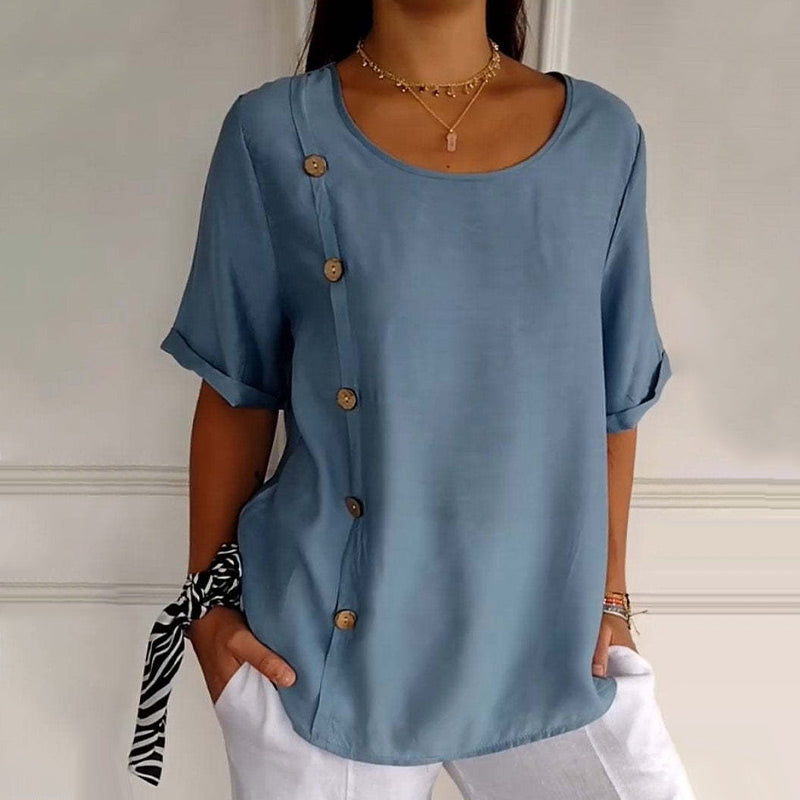 Blusa mujer de lino cuello redondo oversize botones laterales