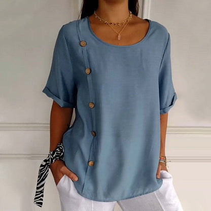 Blusa mujer de lino cuello redondo oversize botones laterales