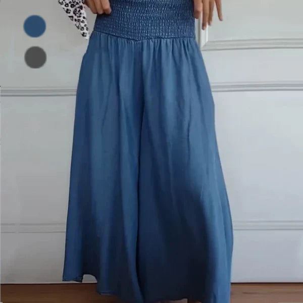 Pantalón ancho mujer de tela ligera cintura fruncida bolsillos