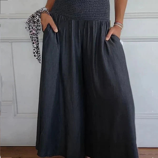 Pantalón ancho mujer de tela ligera cintura fruncida bolsillos - Mavetta