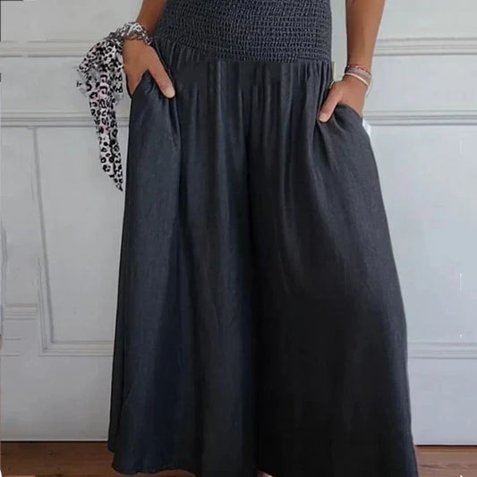 Pantalón ancho mujer de tela ligera cintura fruncida bolsillos - Mavetta