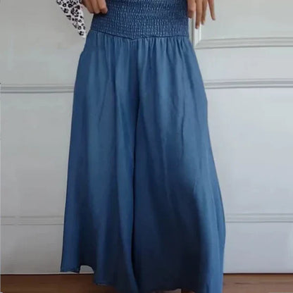 Pantalón ancho mujer de tela ligera cintura fruncida bolsillos