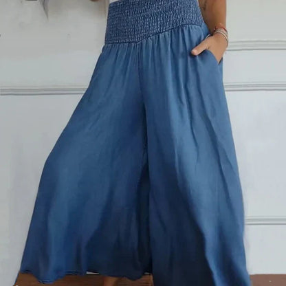 Pantalón ancho mujer de tela ligera cintura fruncida bolsillos