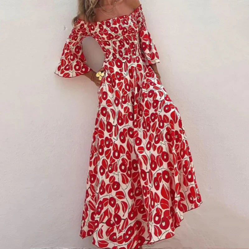 Vestido largo mujer Estampado floral Hombros descubiertos Mangas