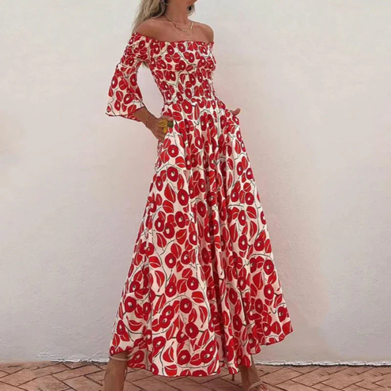 Vestido largo mujer Estampado floral Hombros descubiertos Mangas