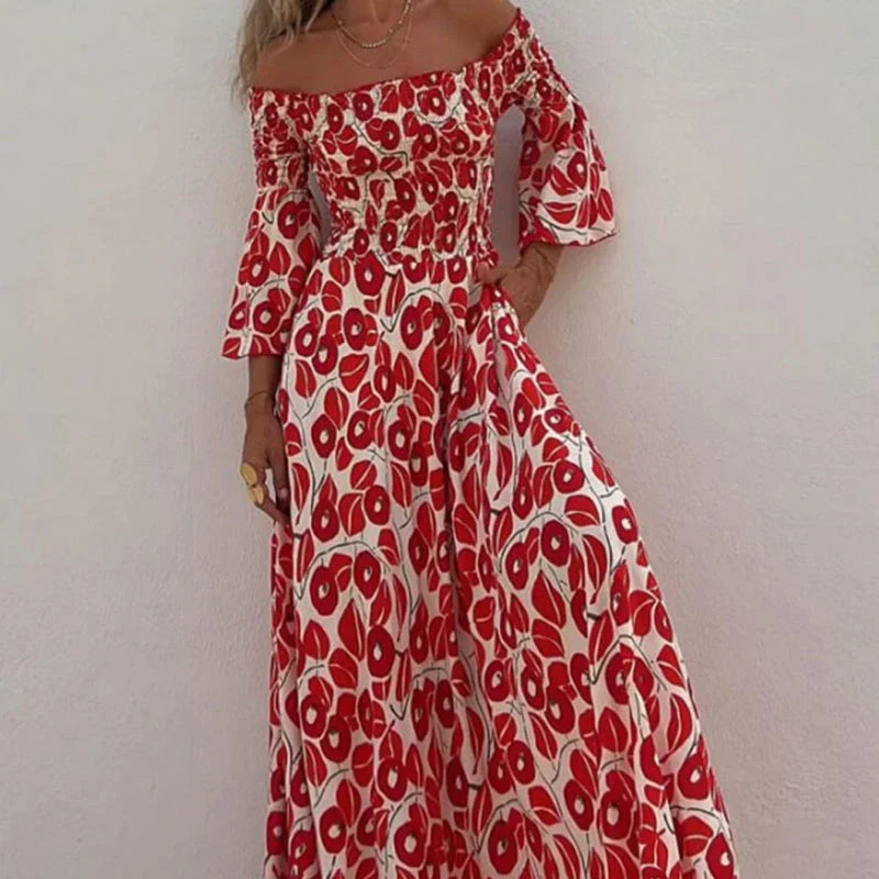 Vestido largo mujer Estampado floral Hombros descubiertos Mangas - Mavetta