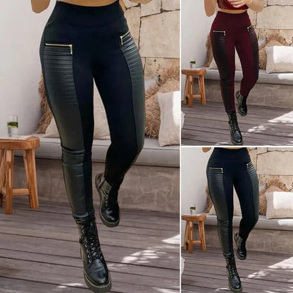 Pantalón Mujer de Cuero Sintético Cremallera Detalles Contraste