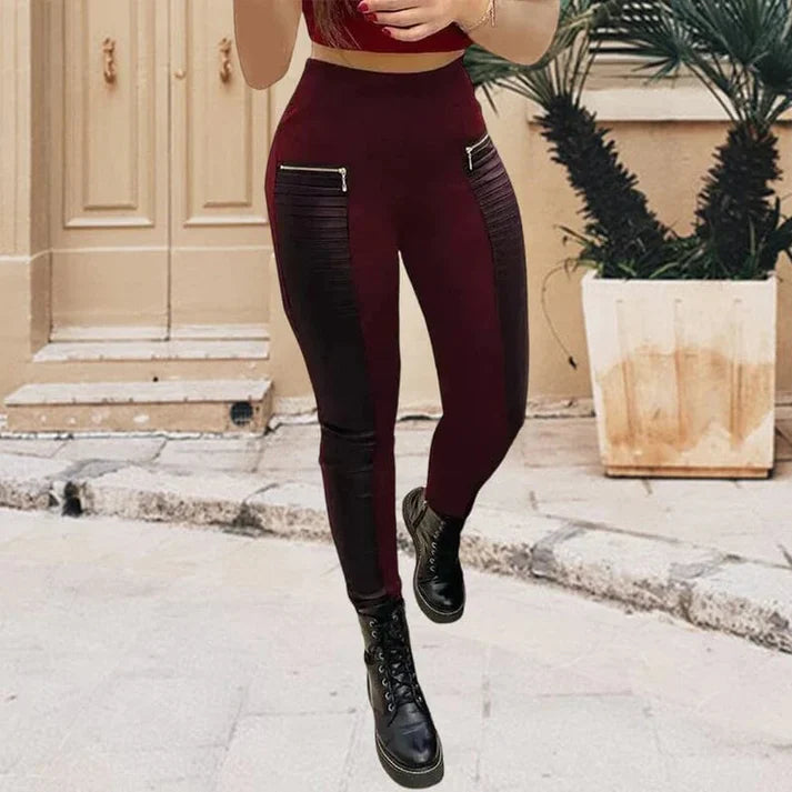 Pantalón Mujer de Cuero Sintético Cremallera Detalles Contraste