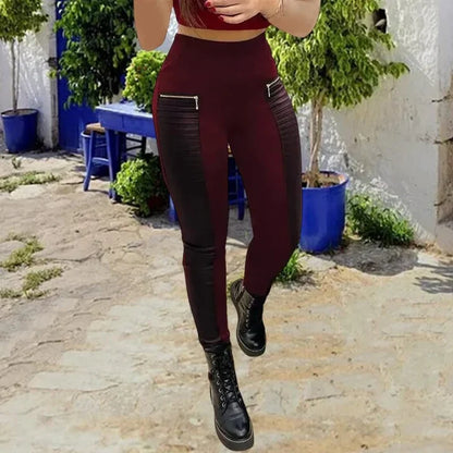Pantalón Mujer de Cuero Sintético Cremallera Detalles Contraste