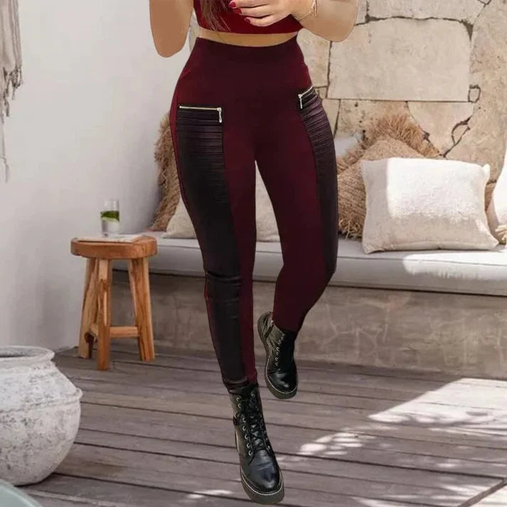 Pantalón Mujer de Cuero Sintético Cremallera Detalles Contraste