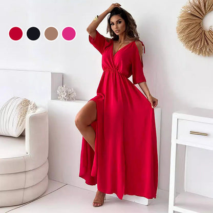Vestido largo Mujer con escote en V y abertura lateral