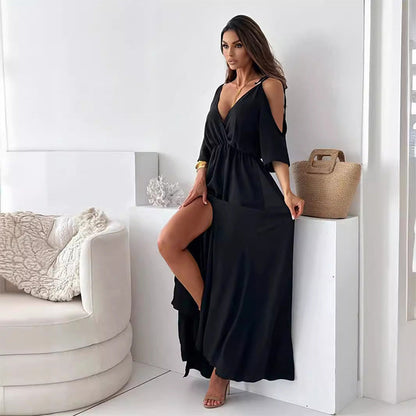 Vestido largo Mujer con escote en V y abertura lateral