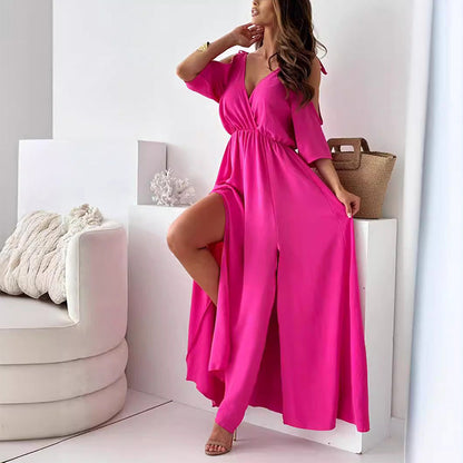 Vestido largo Mujer con escote en V y abertura lateral