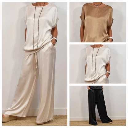 Conjunto Mujer de Satén y Pantalón de Pierna Ancha