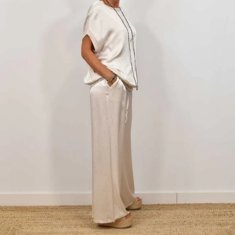 Conjunto Mujer de Satén y Pantalón de Pierna Ancha