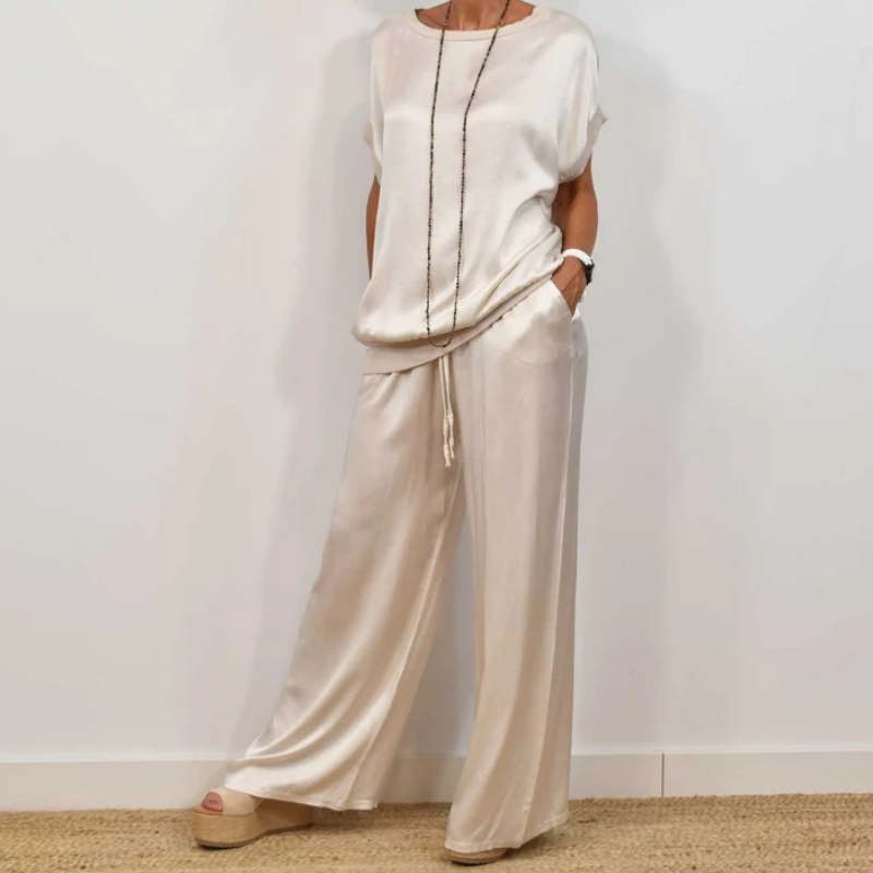 Conjunto Mujer de Satén y Pantalón de Pierna Ancha - Mavetta