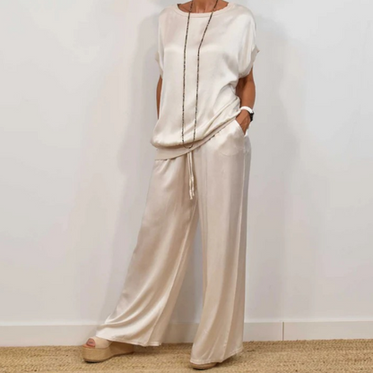 Conjunto Mujer de Satén y Pantalón de Pierna Ancha - Mavetta