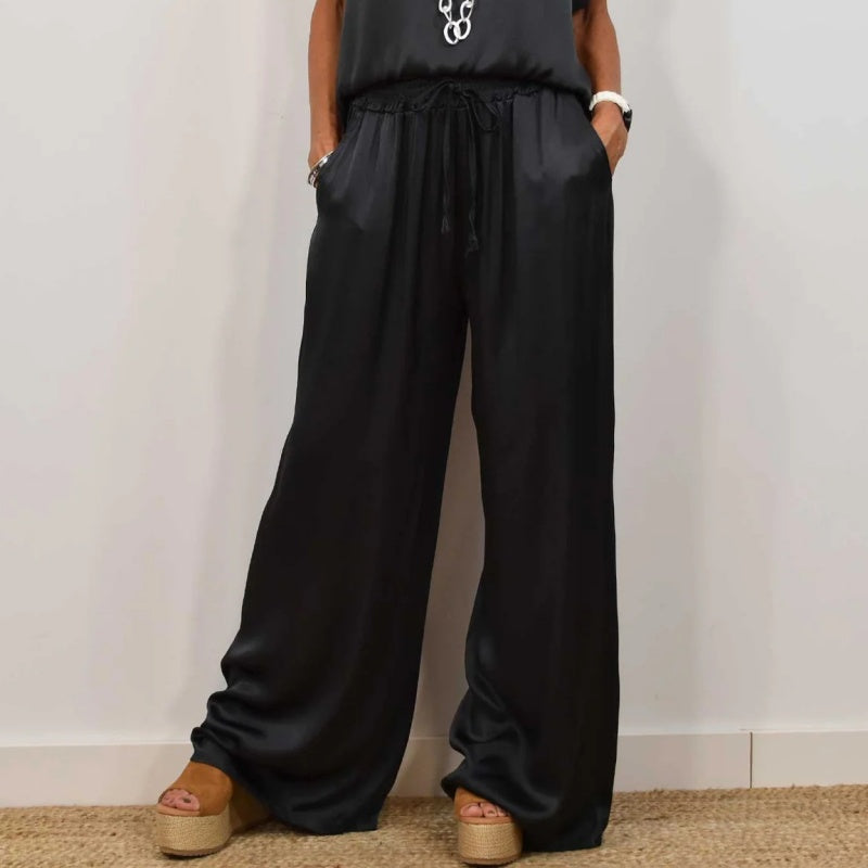 Conjunto Mujer de Satén y Pantalón de Pierna Ancha