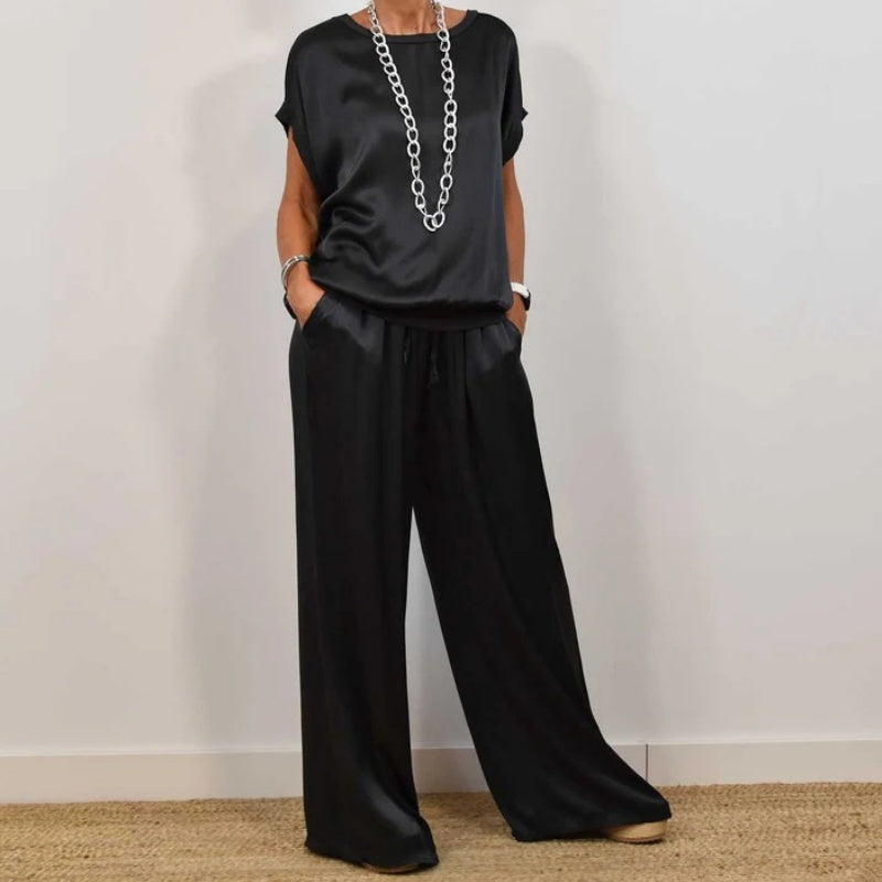 Conjunto Mujer de Satén y Pantalón de Pierna Ancha