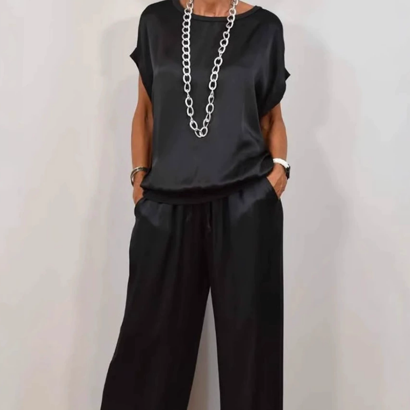 Conjunto Mujer de Satén y Pantalón de Pierna Ancha