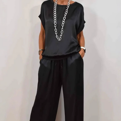 Conjunto Mujer de Satén y Pantalón de Pierna Ancha