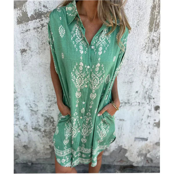 Vestido Mujer Estampado Cuello Camisero Corte Clasico
