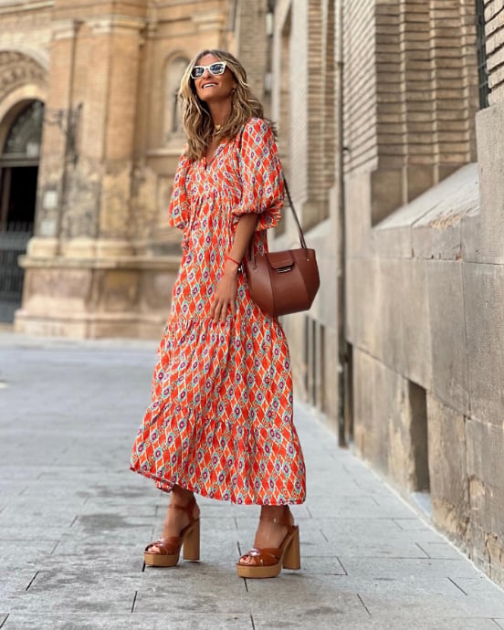 Vestido maxi mujer estilo bohemio cuello en V