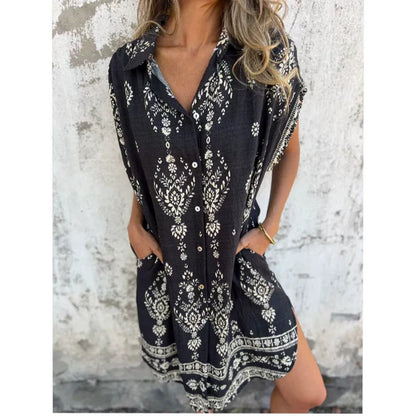 Vestido Mujer Estampado Cuello Camisero Corte Clasico
