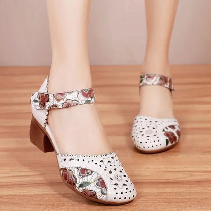 Zapatos mujer tacón bloque cuero perforado tira velcro estilo retro