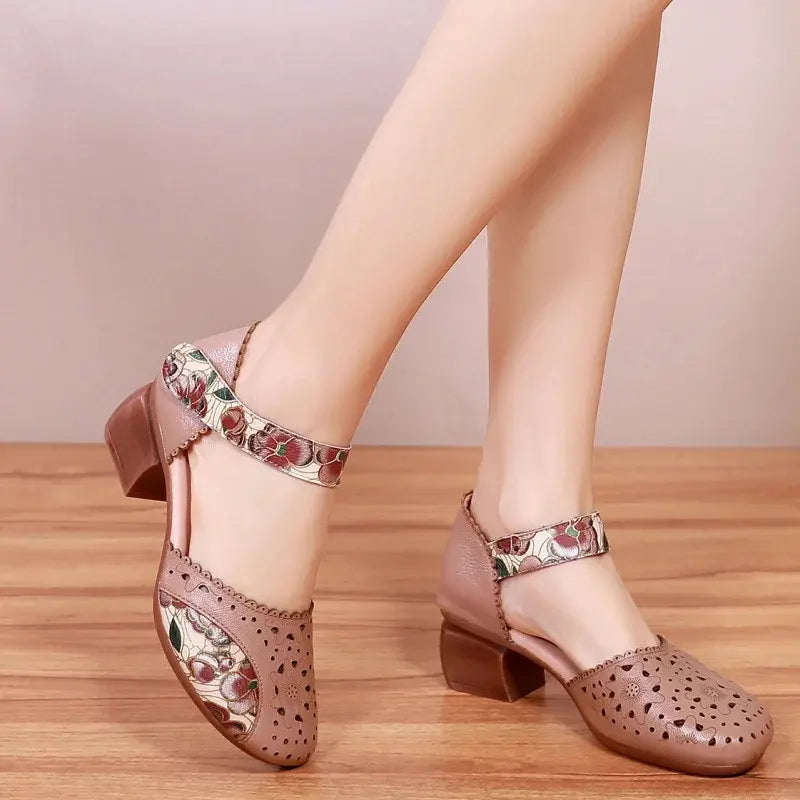 Zapatos mujer tacón bloque cuero perforado tira velcro estilo retro - Mavetta