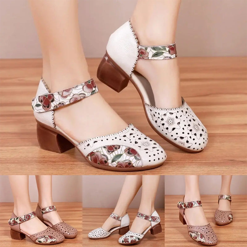 Zapatos mujer tacón bloque cuero perforado tira velcro estilo retro
