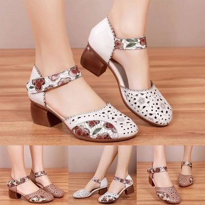 Zapatos mujer tacón bloque cuero perforado tira velcro estilo retro