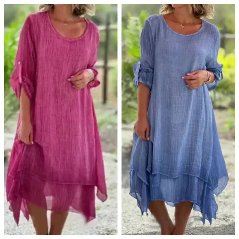 Vestido midi mujer con capas y manga tres cuartos
