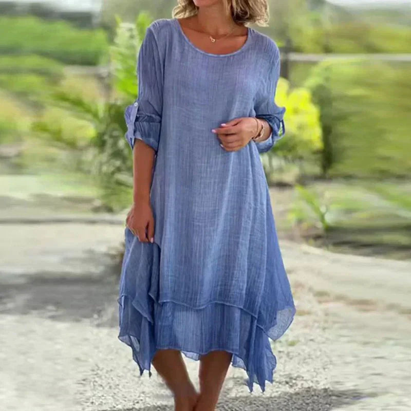 Vestido midi mujer con capas y manga tres cuartos