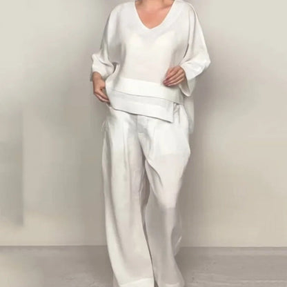 Conjunto Mujer de Algodón y Lino Escote en V Pantalón Ancho