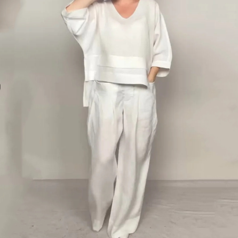 Conjunto Mujer de Algodón y Lino Escote en V Pantalón Ancho