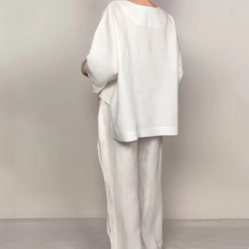 Conjunto Mujer de Algodón y Lino Escote en V Pantalón Ancho