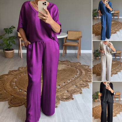 Conjunto mujer de satén pantalón ancho fluido oversize