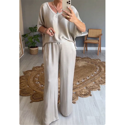 Conjunto mujer de satén pantalón ancho fluido oversize