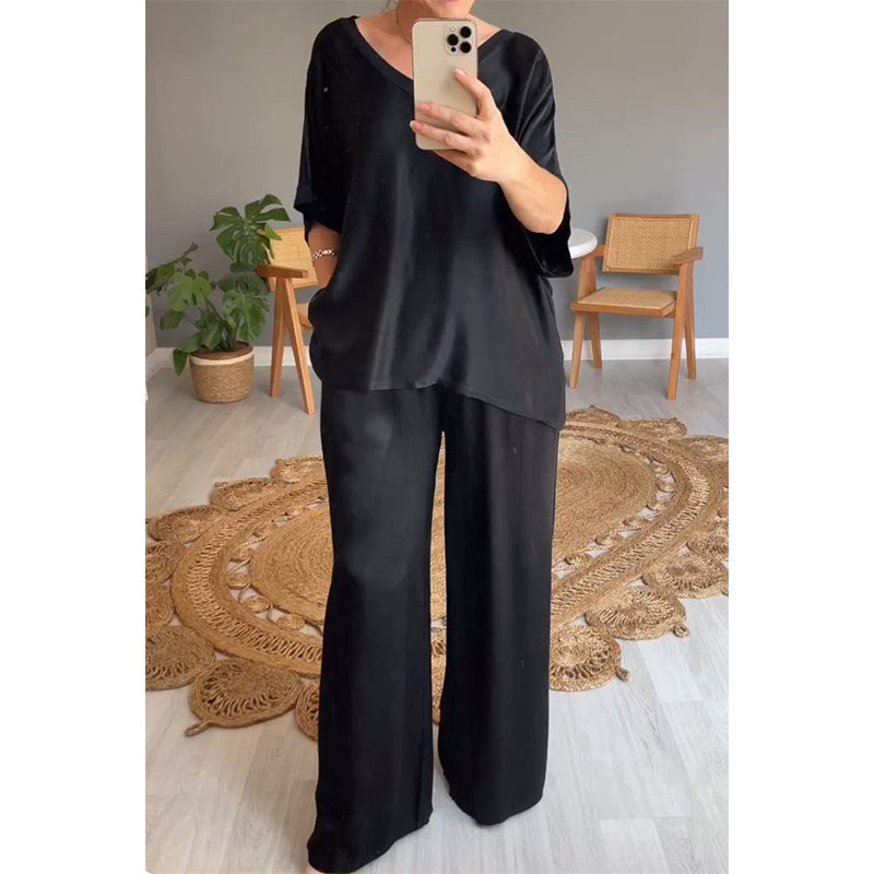 Conjunto mujer de satén pantalón ancho fluido oversize