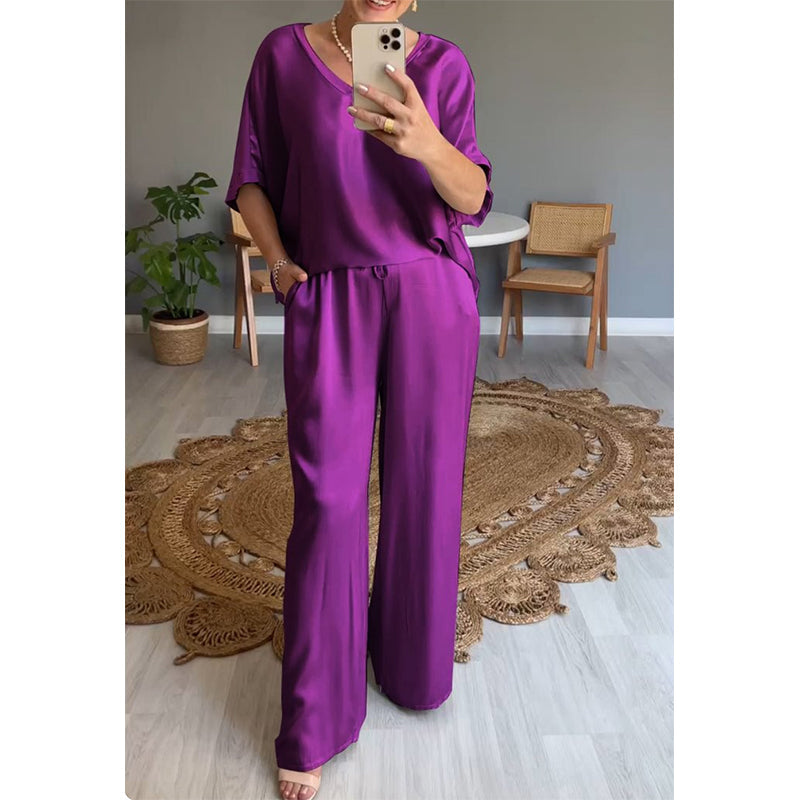 Conjunto mujer de satén pantalón ancho fluido oversize - Mavetta