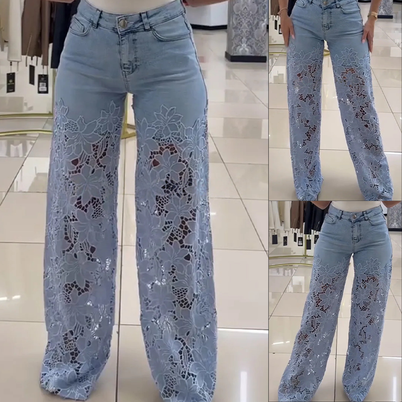 Jeans rectos mujer con paneles transparentes y motivo floral