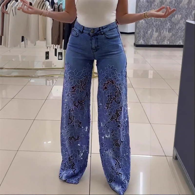 Jeans rectos mujer con paneles transparentes y motivo floral