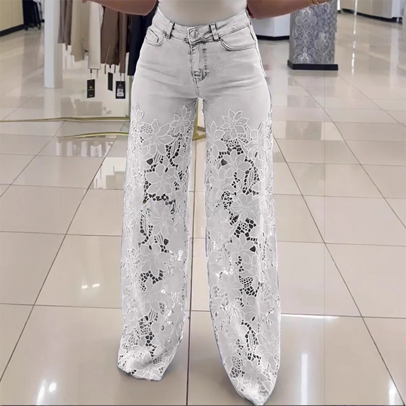 Jeans rectos mujer con paneles transparentes y motivo floral