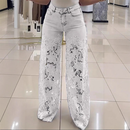 Jeans rectos mujer con paneles transparentes y motivo floral