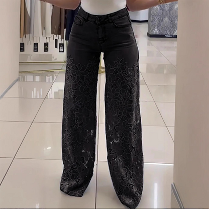 Jeans rectos mujer con paneles transparentes y motivo floral