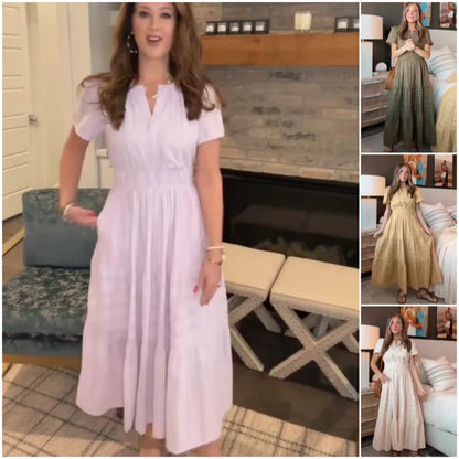 Vestido largo Mujer de lino Manga corta cuello en V