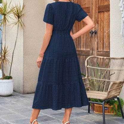 Vestido largo Mujer de lino Manga corta cuello en V