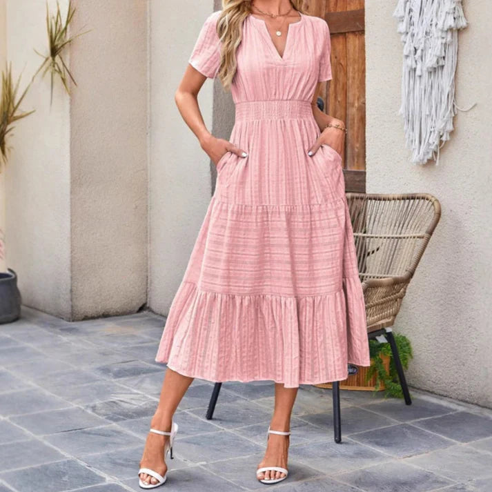 Vestido largo Mujer de lino Manga corta cuello en V