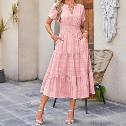 Vestido largo Mujer de lino Manga corta cuello en V